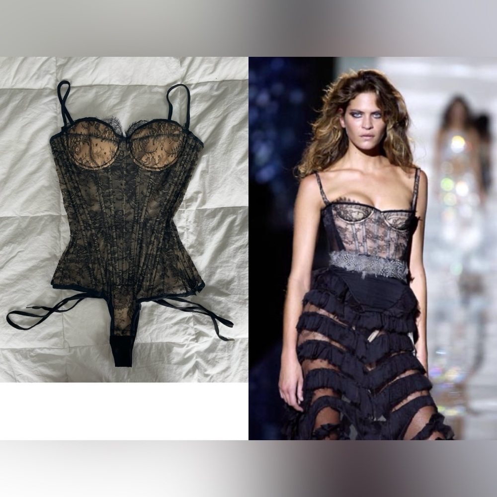 ROBERTO CAVALLI S/S 2003 Vintage Black Lace Overlay Lace Up Corset Bodysuit M